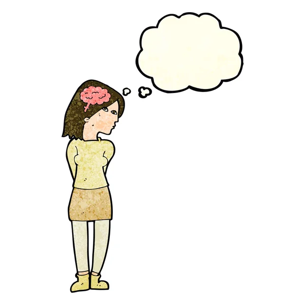 Dessin animé femme intelligente avec bulle de pensée — Image vectorielle