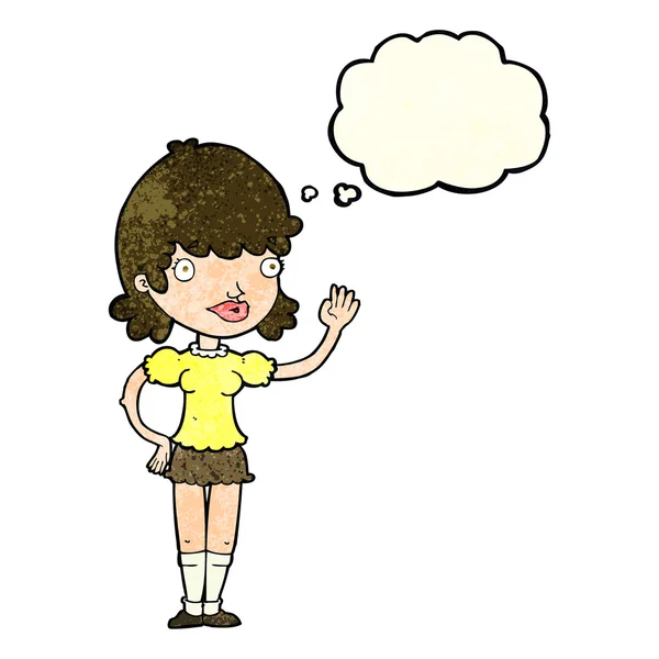 Dessin animé agitant femme avec bulle de pensée — Image vectorielle