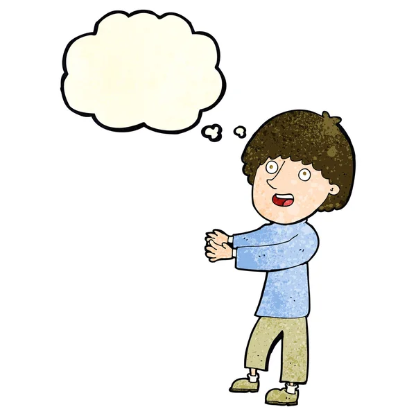 Cartone animato uomo felice mostrando con bolla di pensiero — Vettoriale Stock