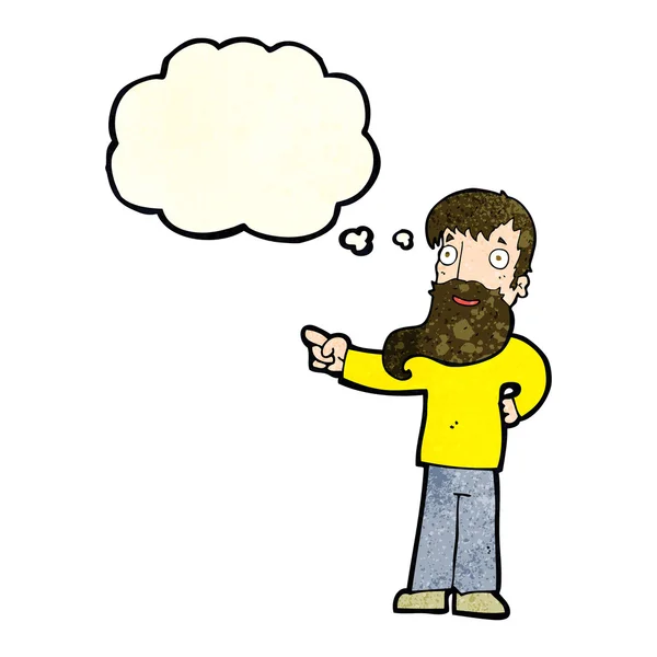 Homem dos desenhos animados com barba apontando com bolha de pensamento — Vetor de Stock