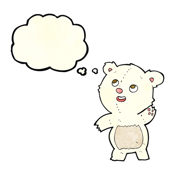 Dibujos animados lindo ondeando oso polar teddy con burbuja de pensamiento — Vector de stock
