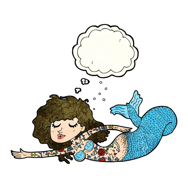 Karikatur Meerjungfrau mit Tattoos mit Gedankenblase bedeckt — Stockvektor
