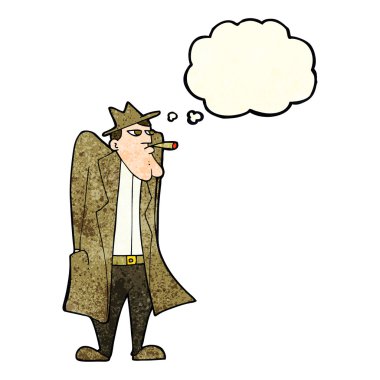 Düşünce kabarcığı olan şapkalı ve trençkotlu bir adam.