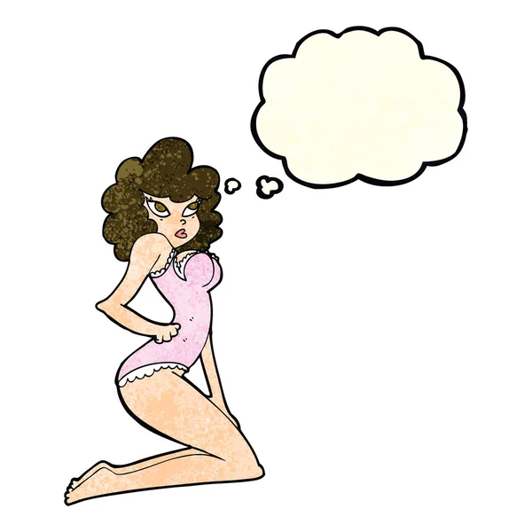 Cartone animato pin-up donna con bolla di pensiero — Vettoriale Stock