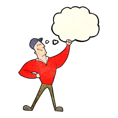 Düşünce baloncuğuyla kahramanca poz veren çizgi film adamı.