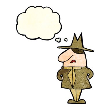 Düşünce baloncuklu palto ve şapka giyen adam.