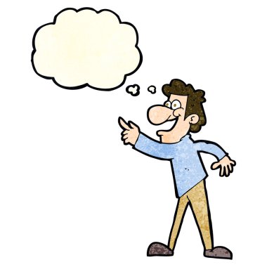 Çizgi film adamı düşünce balonuyla işaret edip gülüyor.