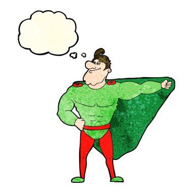 Düşünce baloncuğu olan komik bir süper kahraman.