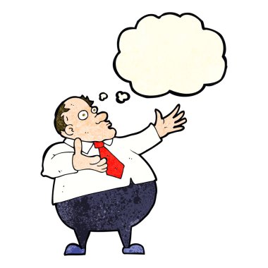 Düşünce baloncuğu olan orta yaşlı bir adam.