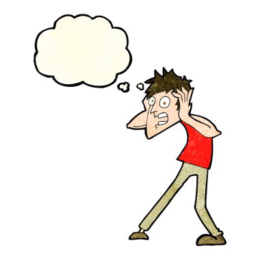 Düşünce baloncuğuyla panikleyen çizgi film adamı.