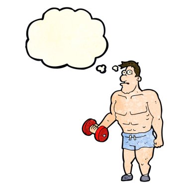 çizgi filmdeki adam düşünce balonuyla ağırlık kaldırıyor.