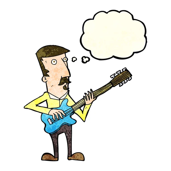 Cartoon man playing electric guitar with thought bubble — Stock Vector