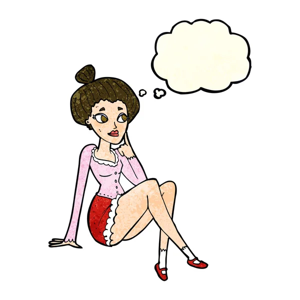Desenho animado mulher atraente sentado pensando com bolha de pensamento — Vetor de Stock