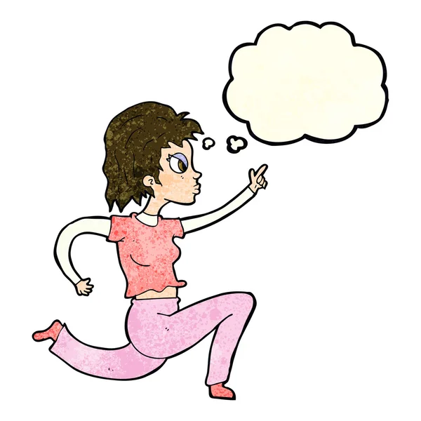 Mujer de dibujos animados corriendo y señalando con burbuja de pensamiento — Archivo Imágenes Vectoriales