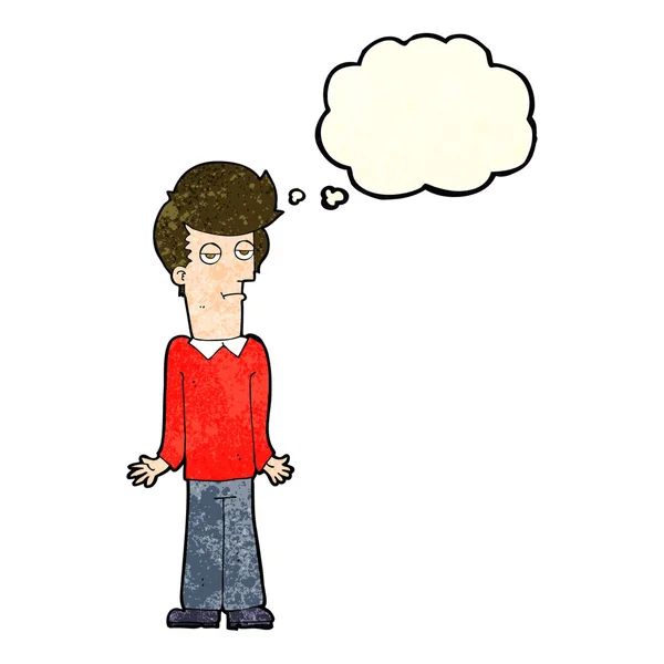 Cartoon bored man shrugging shoulders with thought bubble — Stock Vector