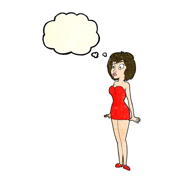 Cartoon überrascht Frau im kurzen Kleid mit Gedankenblase — Stockvektor