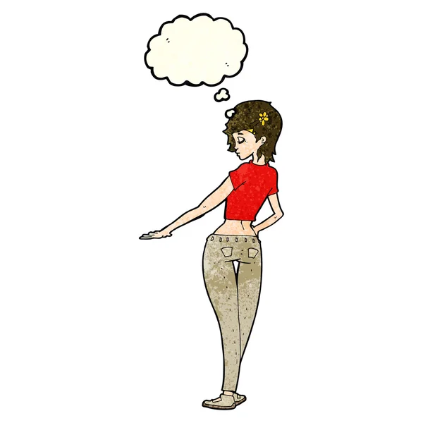 Dibujos animados chica bonita en jeans y tee con burbuja de pensamiento — Vector de stock