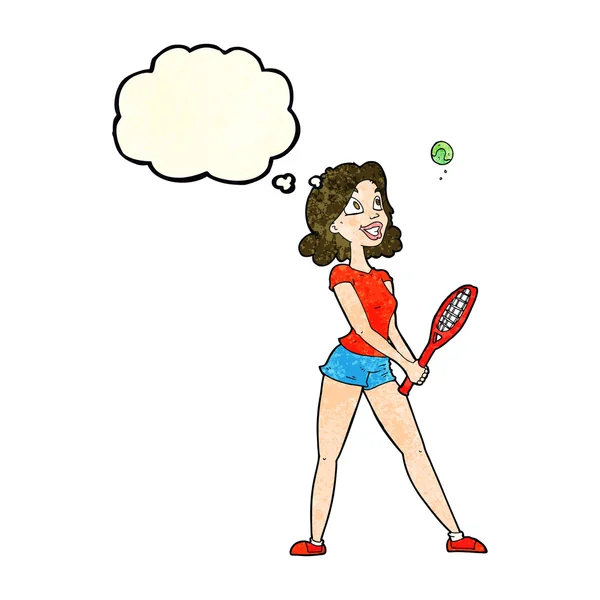 Cartoon vrouw spelen tennis met gedachte zeepbel — Stockvector