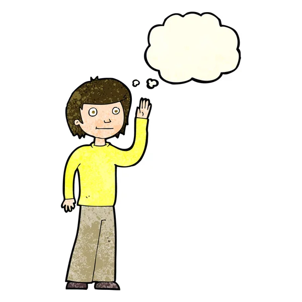 Karikatura přátelský chlapec mává s myšlenkovou bublinou — Stockový vektor