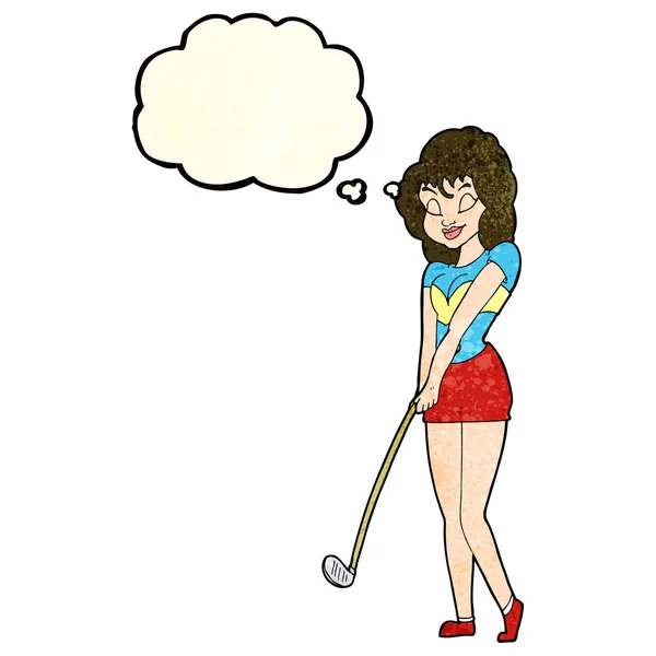 Mulher dos desenhos animados jogando golfe com bolha pensamento — Vetor de Stock