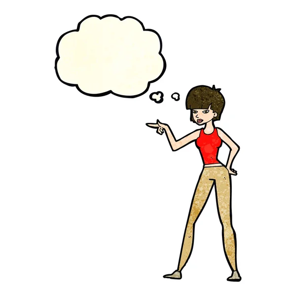 Mujer de dibujos animados apuntando con burbuja de pensamiento — Vector de stock