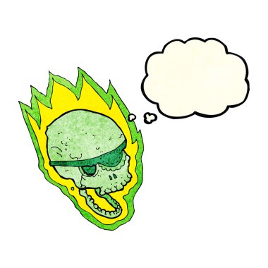 Düşünce baloncuklu yanan korsan kafatası