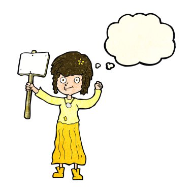 Karikatür hippi kız protesto işareti ve düşünce kabarcığı