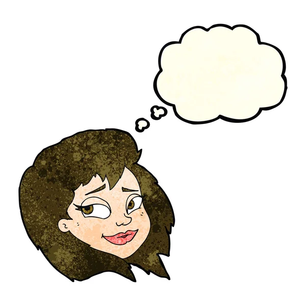 Καρτούν χαρούμενο γυναικείο πρόσωπο με φούσκα σκέψης — Διανυσματικό Αρχείο