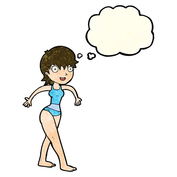 Cartoon glückliche Frau im Badekostüm mit Gedankenblase — Stockvektor