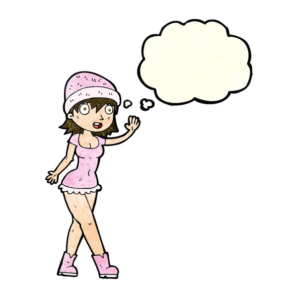 Dibujos animados chica bonita en sombrero ondeando con burbuja de pensamiento — Archivo Imágenes Vectoriales