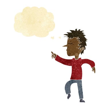 Çizgi film adamı düşünce balonunu işaret ediyor.