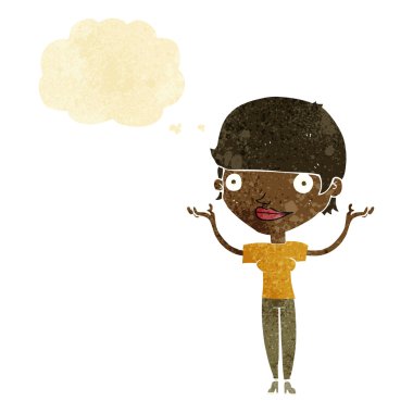 Düşünce baloncuğuyla kollarını havada tutan çizgi film kadını.