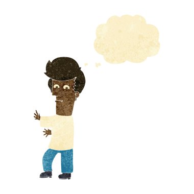 Düşünce baloncuğuyla el kol hareketi yapan çizgi film adamı.