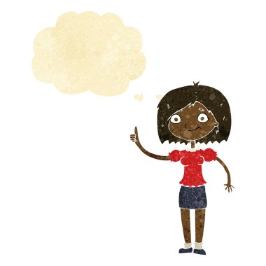 Düşünce baloncuğu olan çizgi film kadını.