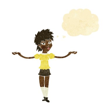 Çizgi filmdeki kadın düşünce balonuyla omuz silkiyor.