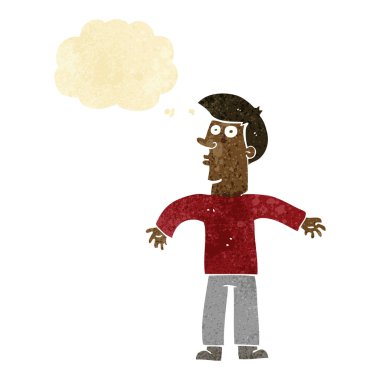 Çizgi filmci düşünce baloncuğuyla omuz silkiyor.