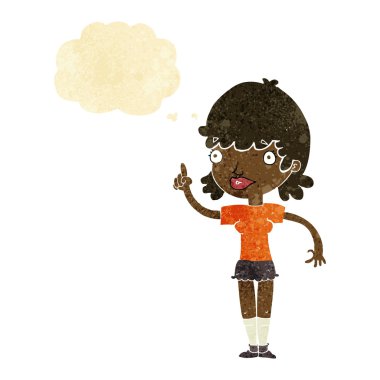 Düşünce baloncuğu olan çizgi film kadını.