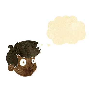 Düşünce kabarcığı olan çizgi film çocuğu.