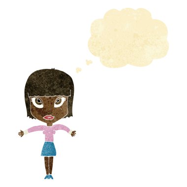 Çizgi filmdeki kadın düşünce balonuyla omuz silkiyor.