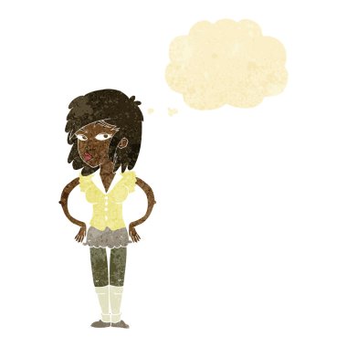 Düşünce baloncuklu kalçaları olan güzel bir kadın.