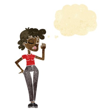 Düşünce baloncuğuyla görmezden gelen çizgi film kadını.