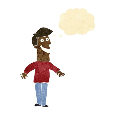 Düşünce baloncuğu ile sırıtan çizgi film adamı.