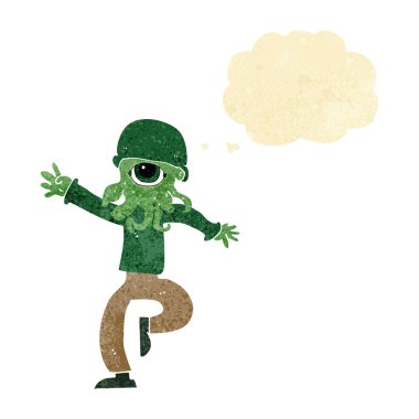 Düşünce baloncuğu olan uzaylı yaratık adam.