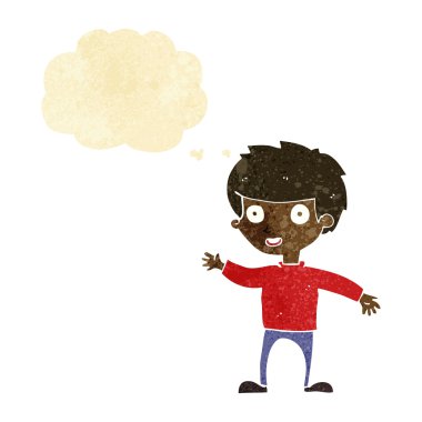 Düşünce baloncuğu olan mutlu çocuk.