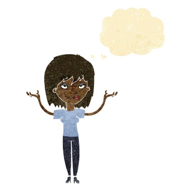 Çizgi filmdeki kadın düşünce balonuyla omuz silkiyor.