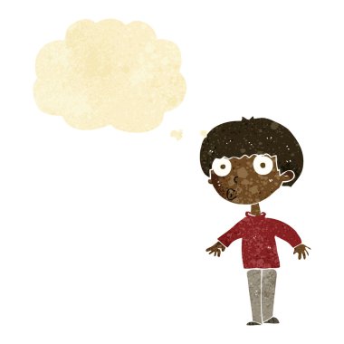 Düşünce baloncuğu olan bir çocuk.