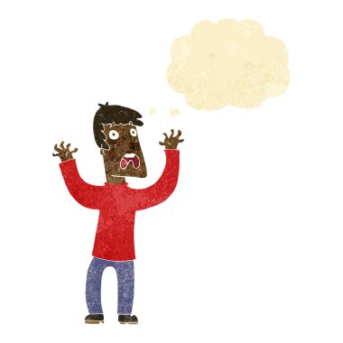 Düşünce baloncuğu olan korkmuş bir adam.