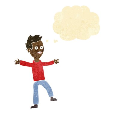 Düşünce baloncuğu olan ürkmüş bir çocuk.