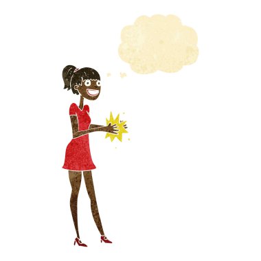 Çizgi filmdeki kadın düşünce balonuyla el çırpıyor.