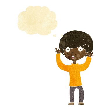 Düşünce baloncuğu olan ürkmüş bir çocuk.